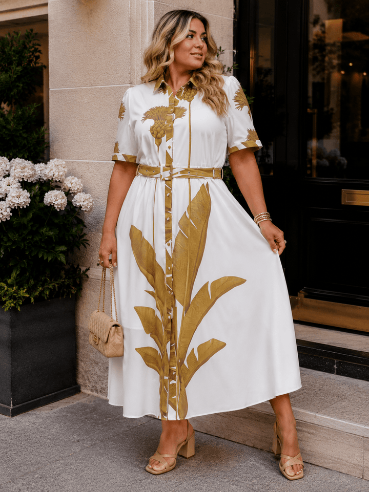 PLUS SIZE SHORT SLEEVE BUTTON UP BELTED MULTI PRINT MAXI DRESS