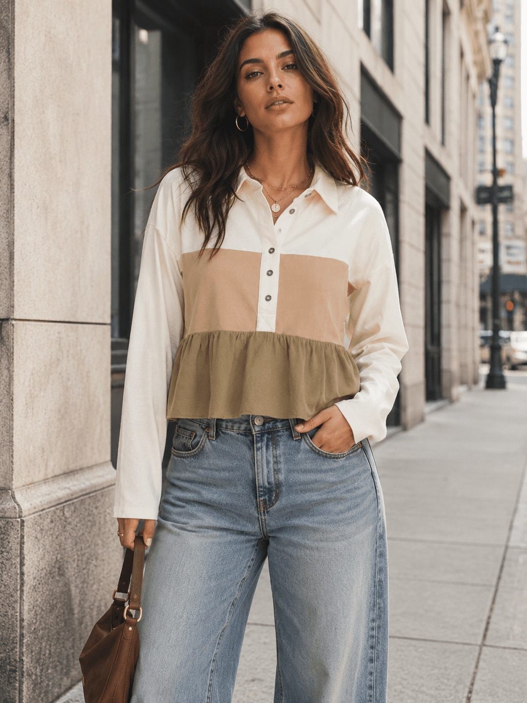 WOMEN'S LONG SLEEVE BUTTON UP TIERED COLORBLOCK BLOUSE