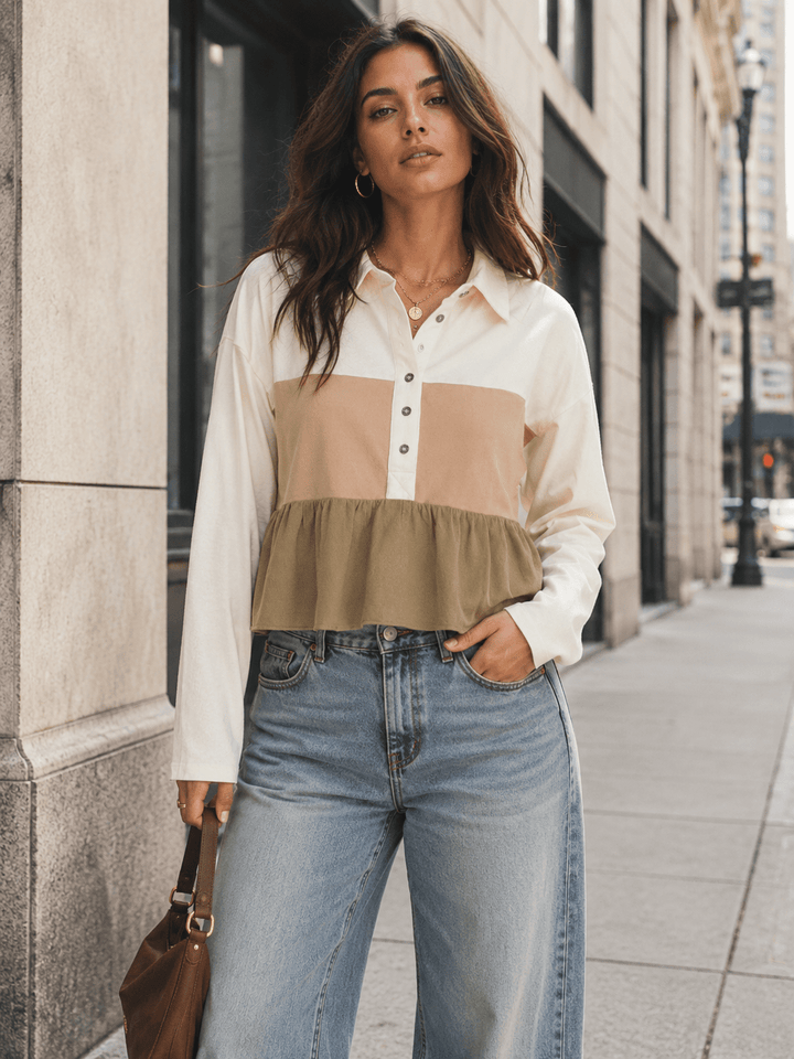 WOMEN'S LONG SLEEVE BUTTON UP TIERED COLORBLOCK BLOUSE