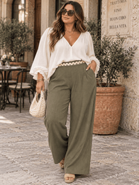 PLUS SIZE BUTTON CLOSURE ELASTIC DETAILED WAIST FRONT POCKETS WIDE LEG PANTS