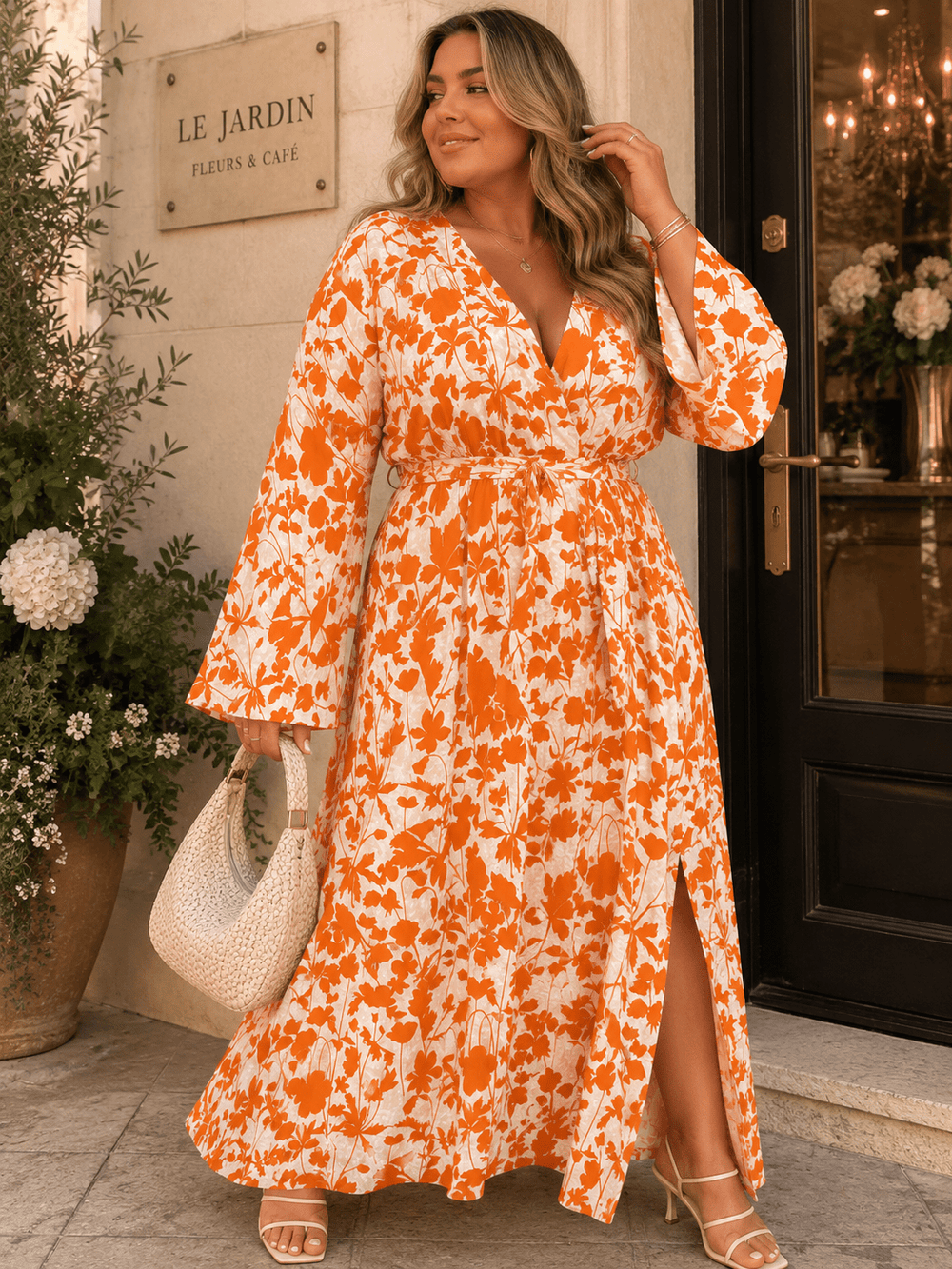 PLUS SIZE LONG SLEEVE SURPLICE SELF TIE SIDE SLIT LEAF PRINT MAXI DRESS