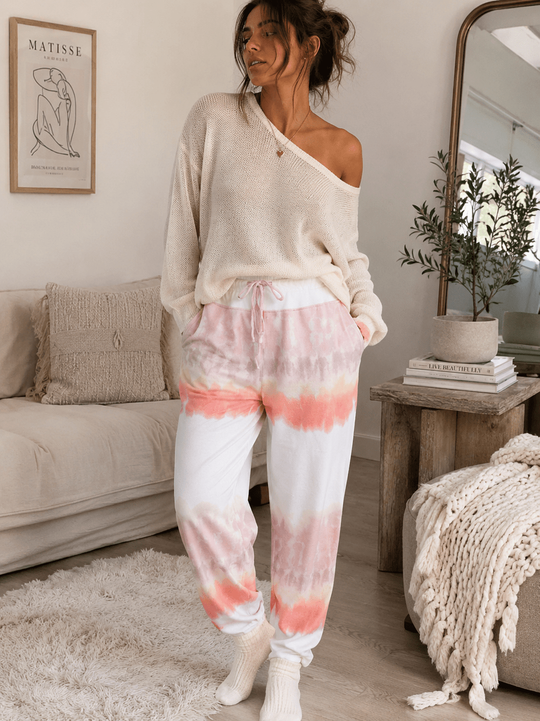WOMEN'S ELASTIC WAIST FRONT POCKETS TIE DYE PANTS