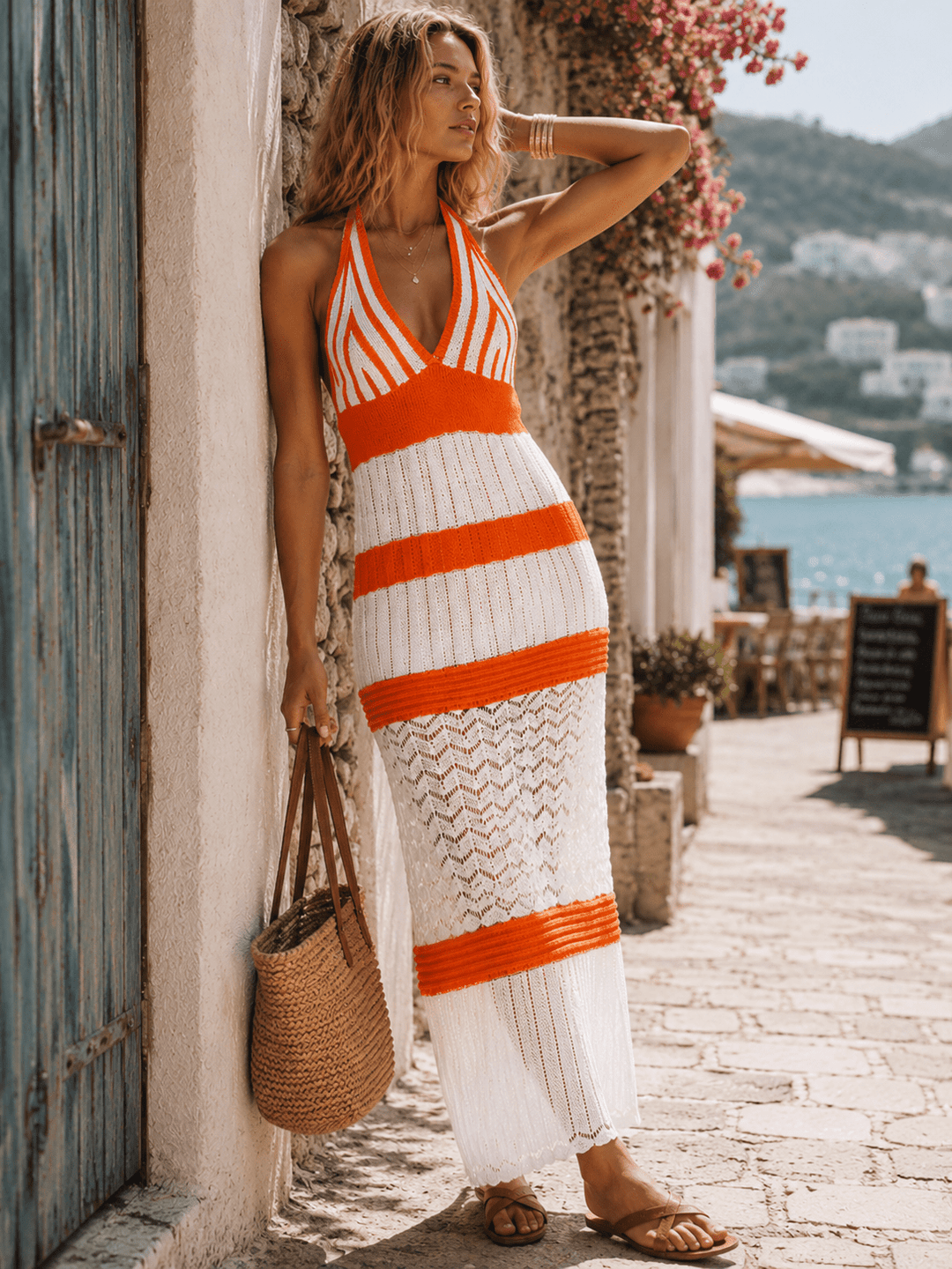 WOMEN'S SLEEVELESS V-NECK OPEN BACK TIERED CROCHET COLORBLOCK MAXI DRESS