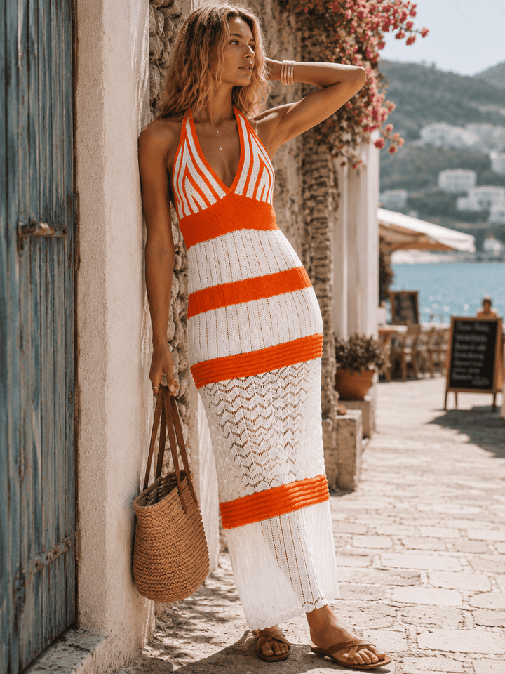 WOMEN'S SLEEVELESS V-NECK OPEN BACK TIERED CROCHET COLORBLOCK MAXI DRESS