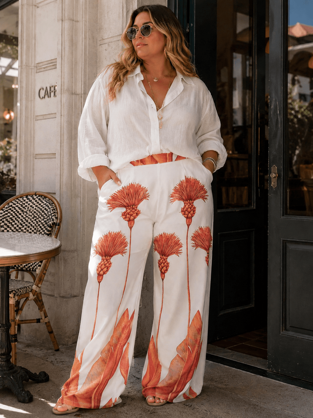 PLUS SIZE ELASTIC WAIST FRONT POCKETS WIDE LEG MULTI PRINT PANTS