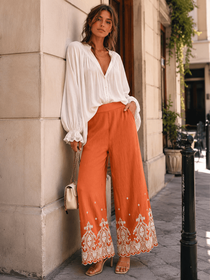 WOMEN'S ELASTIC WAIST FRONT POCKETS WIDE LEG EMBROIDERY PANTS