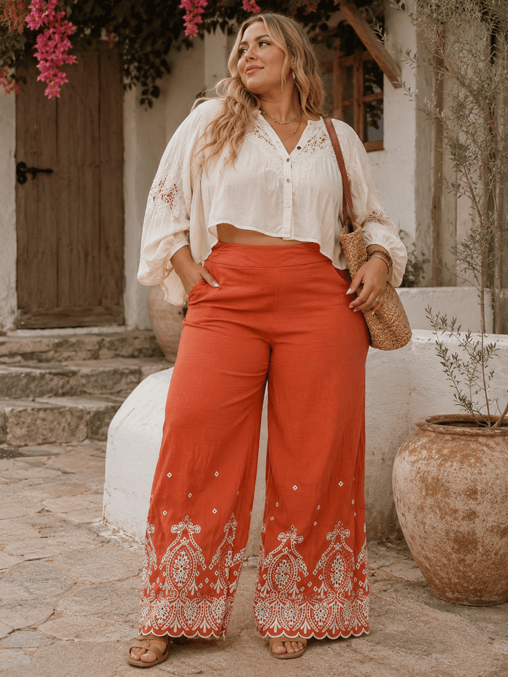 PLUS SIZE ELASTIC WAIST FRONT POCKETS FLORAL EMBROIDERY WIDE LEG PANTS