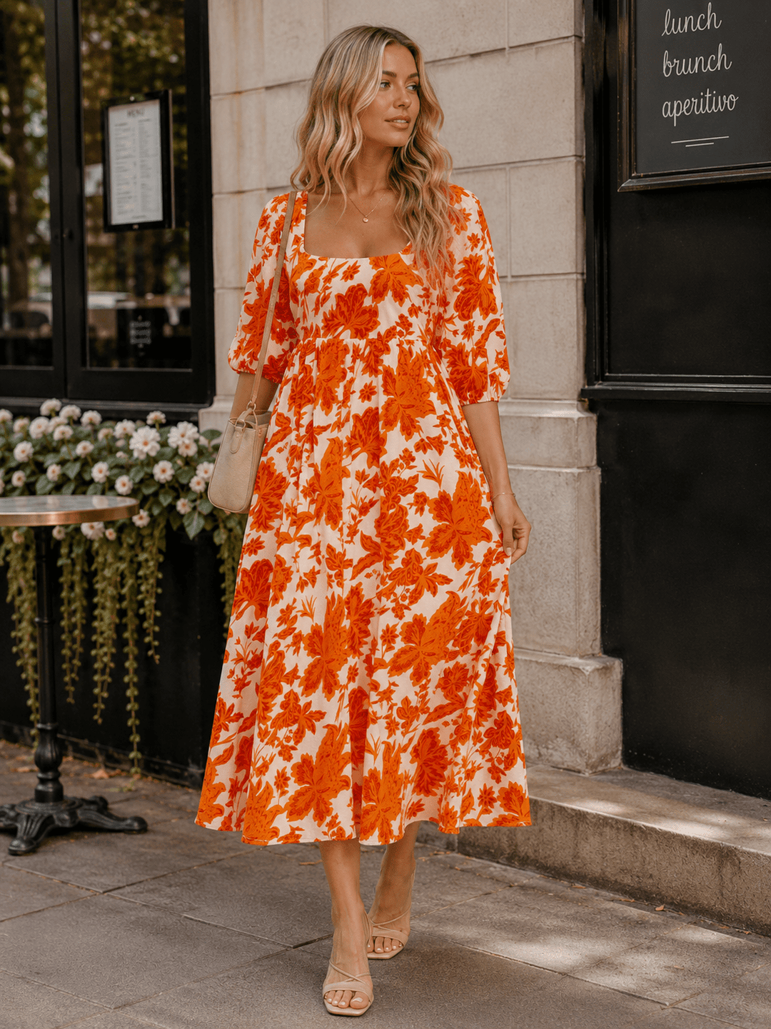 WOMEN'S SHORT SLEEVE SQUARE NECK SMOCK FLORAL MAXI DRESS