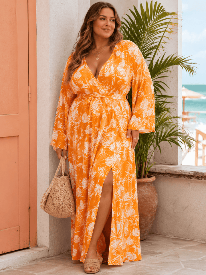 PLUS SIZE LONG SLEEVE SURPLICE SELF TIE SIDE SLIT LEAF PRINT MAXI DRESS