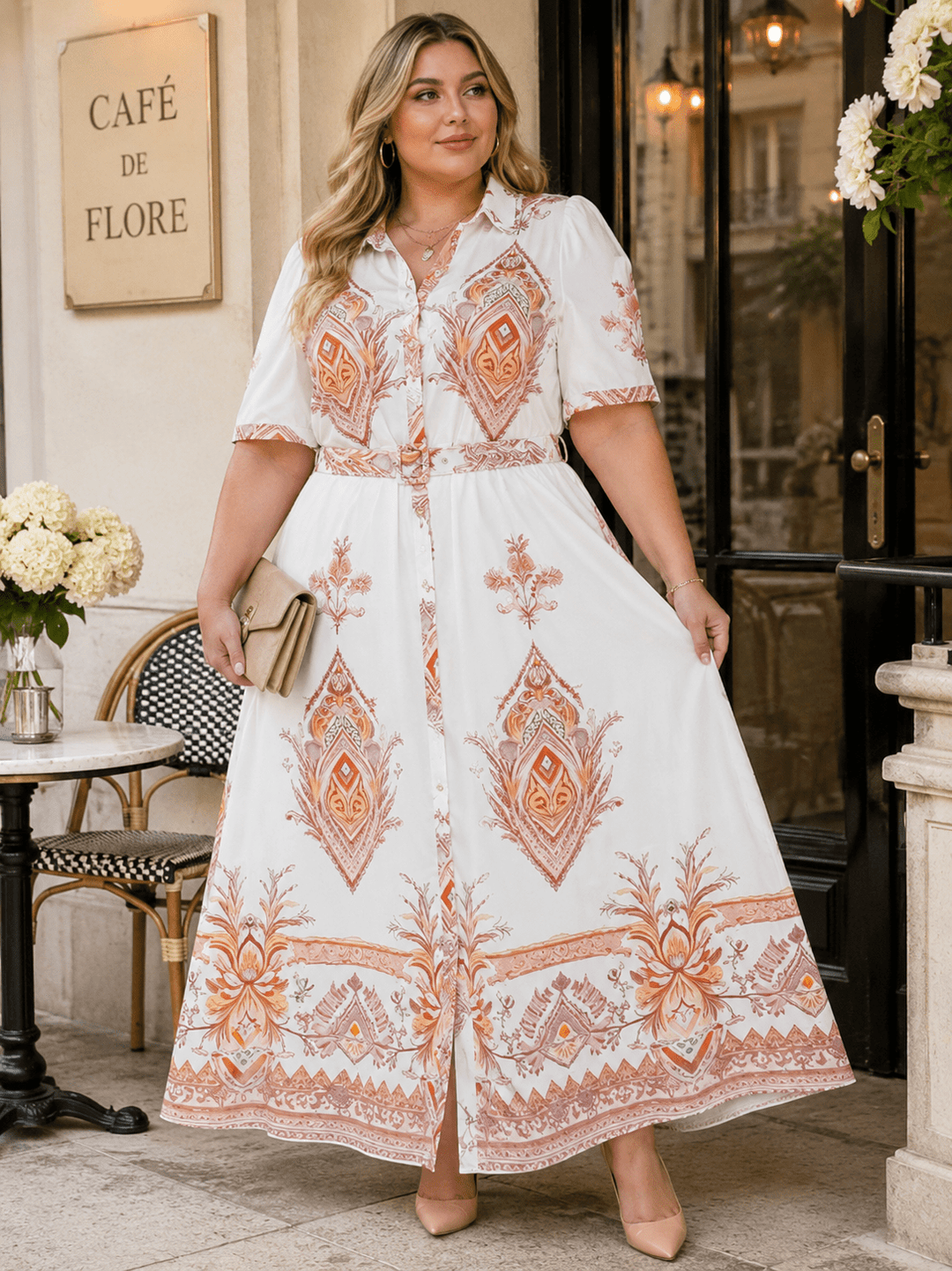 PLUS SIZE SHORT SLEEVE BUTTON UP BELTED MULTI PRINT MAXI DRESS