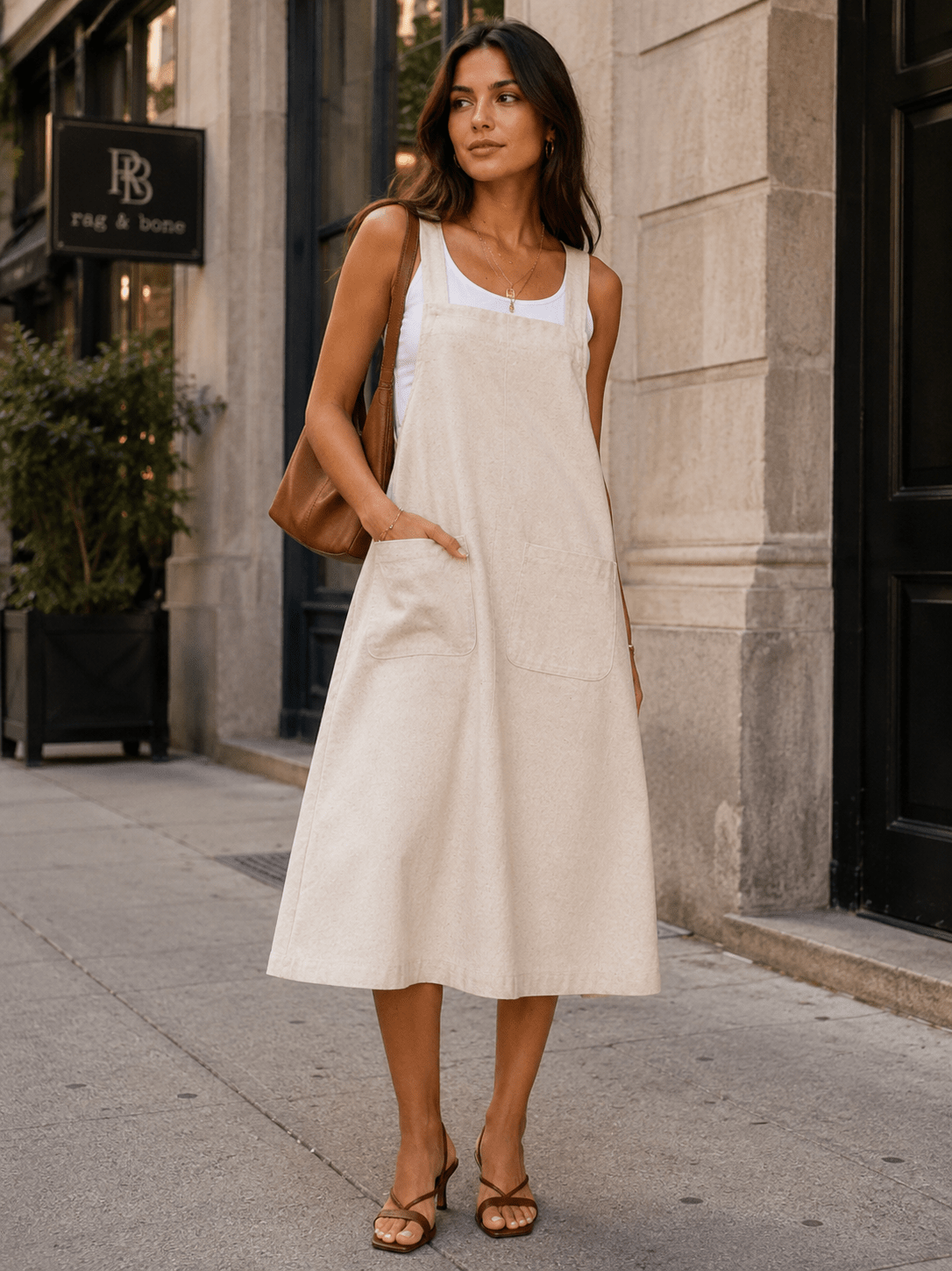 WOMEN'S SLEEVELESS FRONT POCKETS LINEN MIDI OVERALL