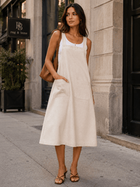 WOMEN'S SLEEVELESS FRONT POCKETS LINEN MIDI OVERALL