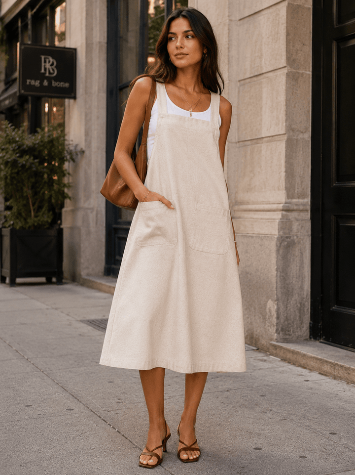 WOMEN'S SLEEVELESS FRONT POCKETS LINEN MIDI OVERALL
