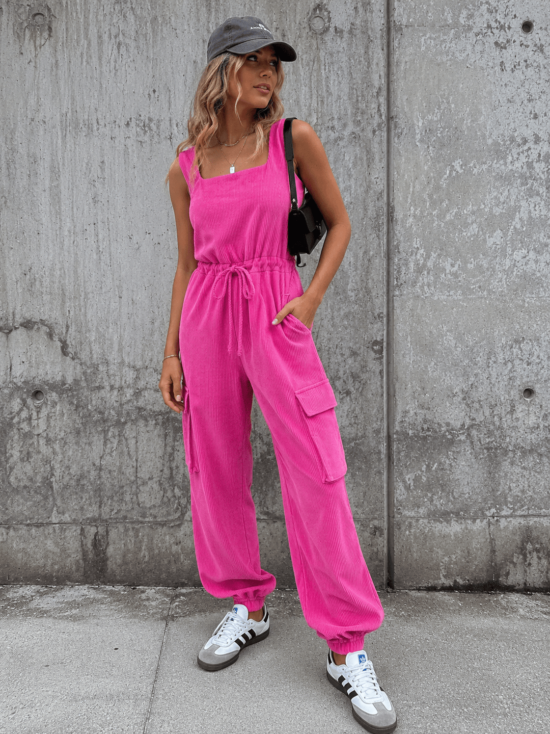 WOMEN'S SLEEVELESS ADJUSTABLE WAIST CARGO POCKETS JOGGER CORDUROY JUMPSUIT