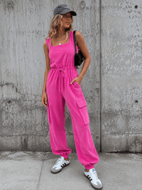 WOMEN'S SLEEVELESS ADJUSTABLE WAIST CARGO POCKETS JOGGER CORDUROY JUMPSUIT