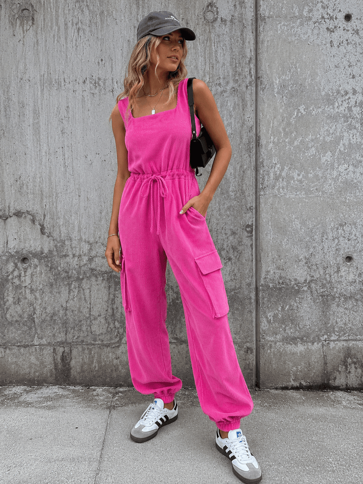 WOMEN'S SLEEVELESS ADJUSTABLE WAIST CARGO POCKETS JOGGER CORDUROY JUMPSUIT