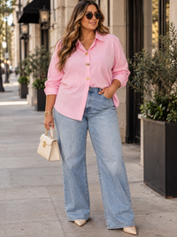 PLUS SIZE LONG SLEEVE BUTTON UP STRIPES SHIRT