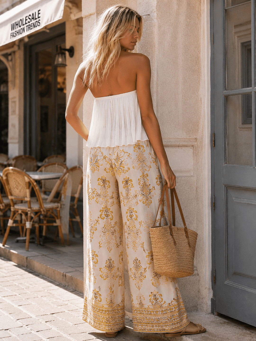 WOMEN'S ELASTIC WAIST BUTTON CLOSURE POCKETS WIDE LEG PRINT PANTS