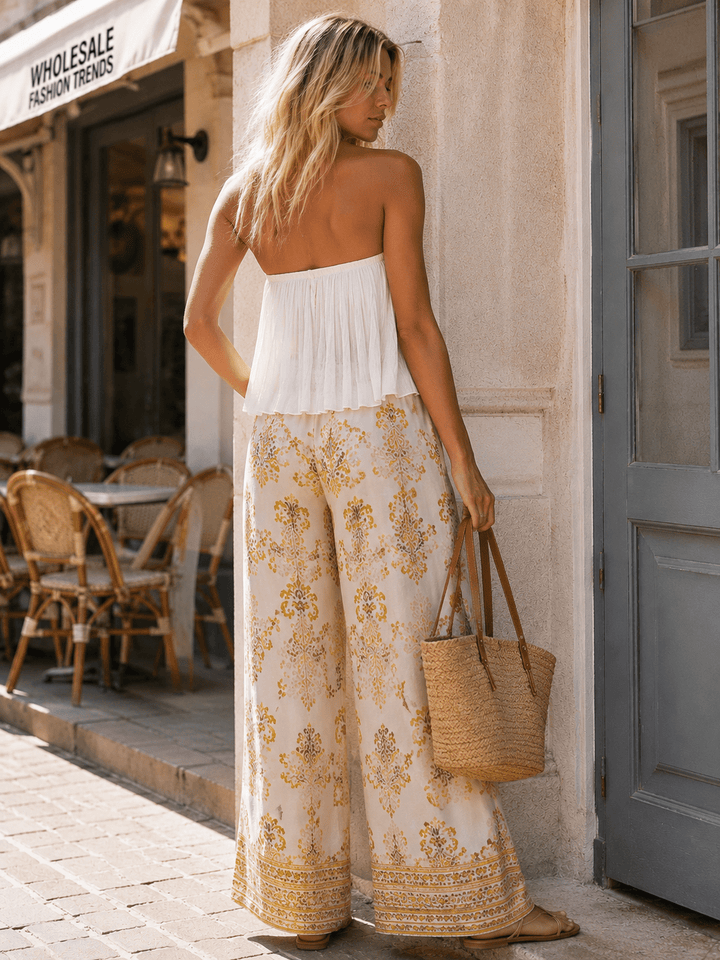 WOMEN'S ELASTIC WAIST BUTTON CLOSURE POCKETS WIDE LEG PRINT PANTS