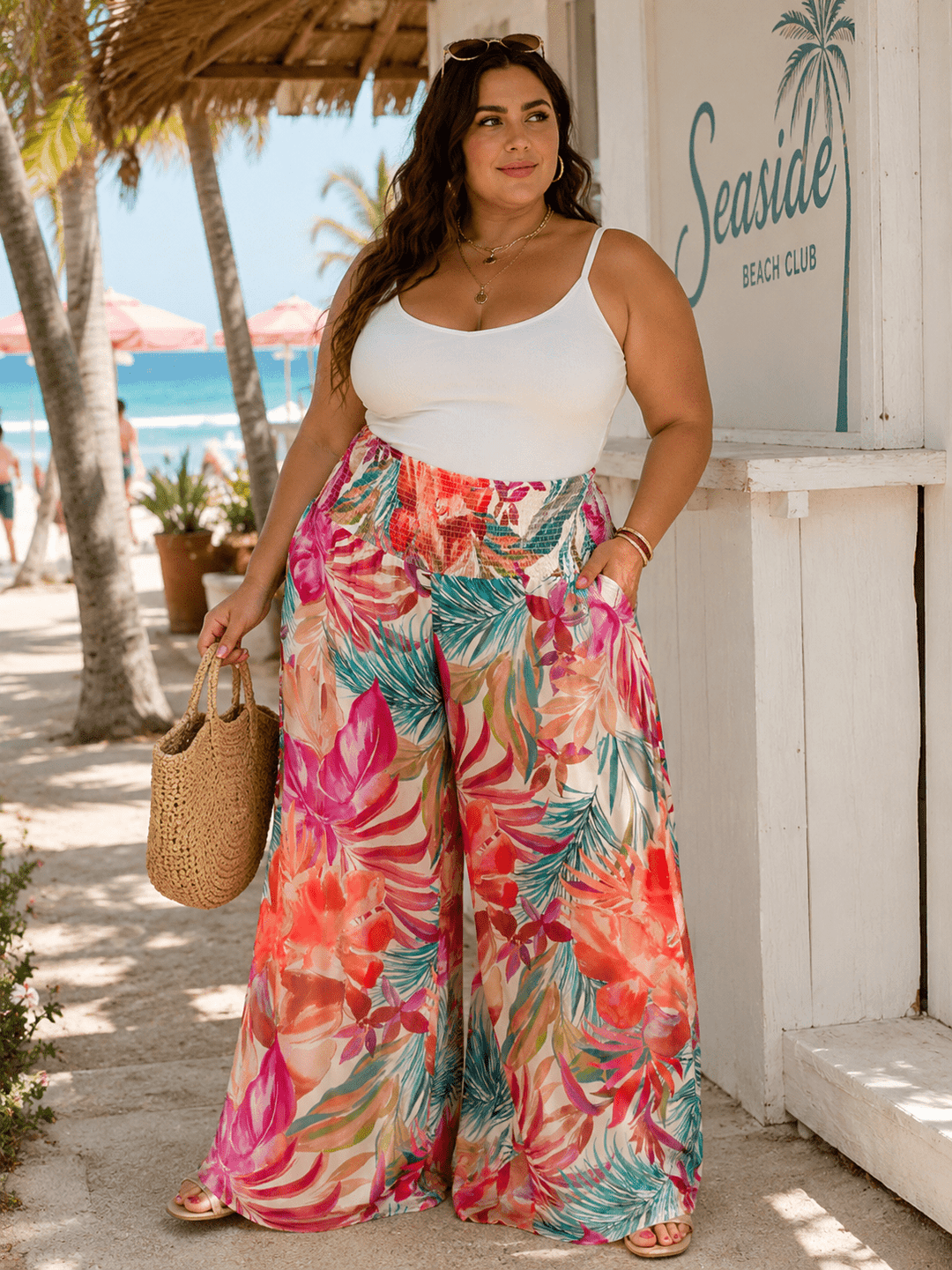 PLUS SIZE ELASTIC WAIST FRONT POCKETS FLORAL WIDE LEG PALAZZO PANTS