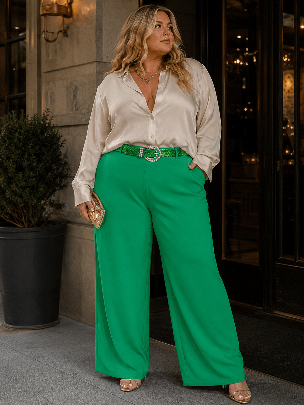 PLUS SIZE ELASTIC WAIST FRONT POCKETS BELTED WIDE LEG PANTS