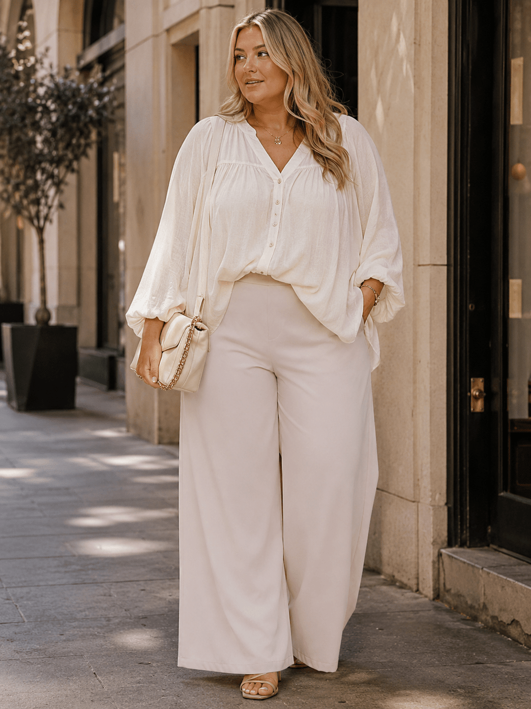 PLUS SIZE ELASTIC WAIST FRONT POCKETS WIDE LEG PANTS