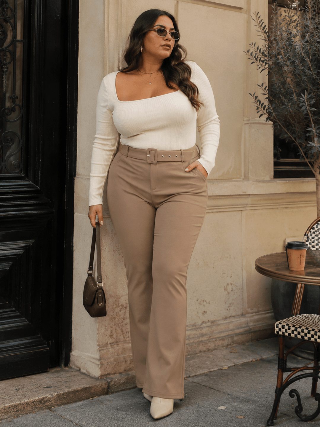 PLUS SIZE BUTTON CLOSURE BELT STRETCH BELL LEG PANTS