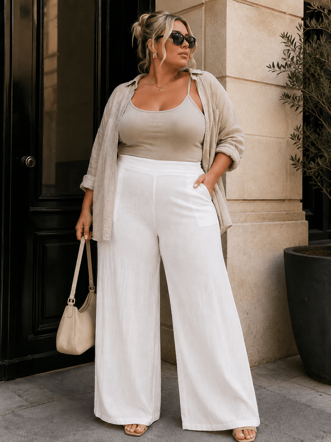PLUS SIZE ELASTIC WAIST FRONT POCKETS WIDE LEG PANTS