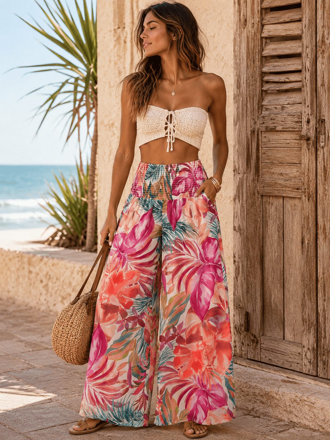 WOMEN'S ELASTIC WAIST FRONT POCKETS FLORAL WIDE LEG PALAZZO PANTS