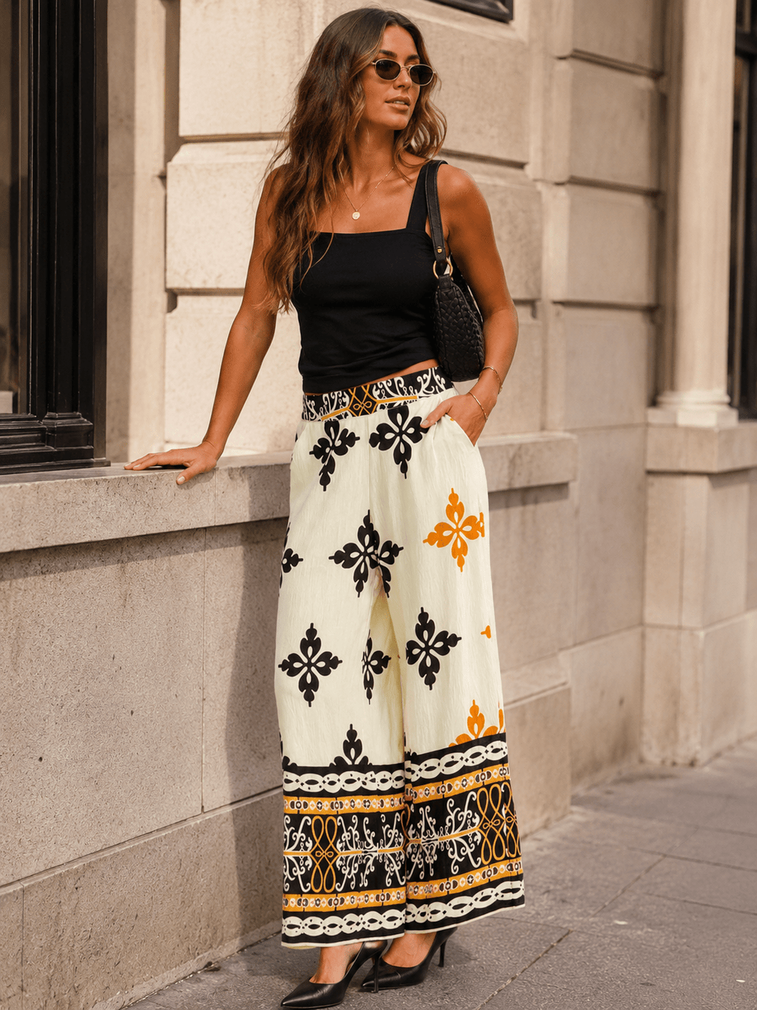 WOMEN'S ELASTIC WAIST BUTTON CLOSURE FRONT POCKETS WIDE LEG MULTI PRINT PANTS