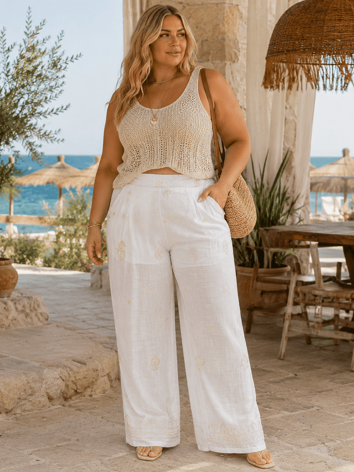 PLUS SIZE ELASTIC WAIST FRONT POCKETS EMBROIDERY WIDE LEG PANTS