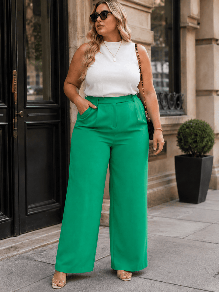 PLUS SIZE ELASTIC WAIST BUTTON CLOSURE POCKETS WIDE LEG PANTS