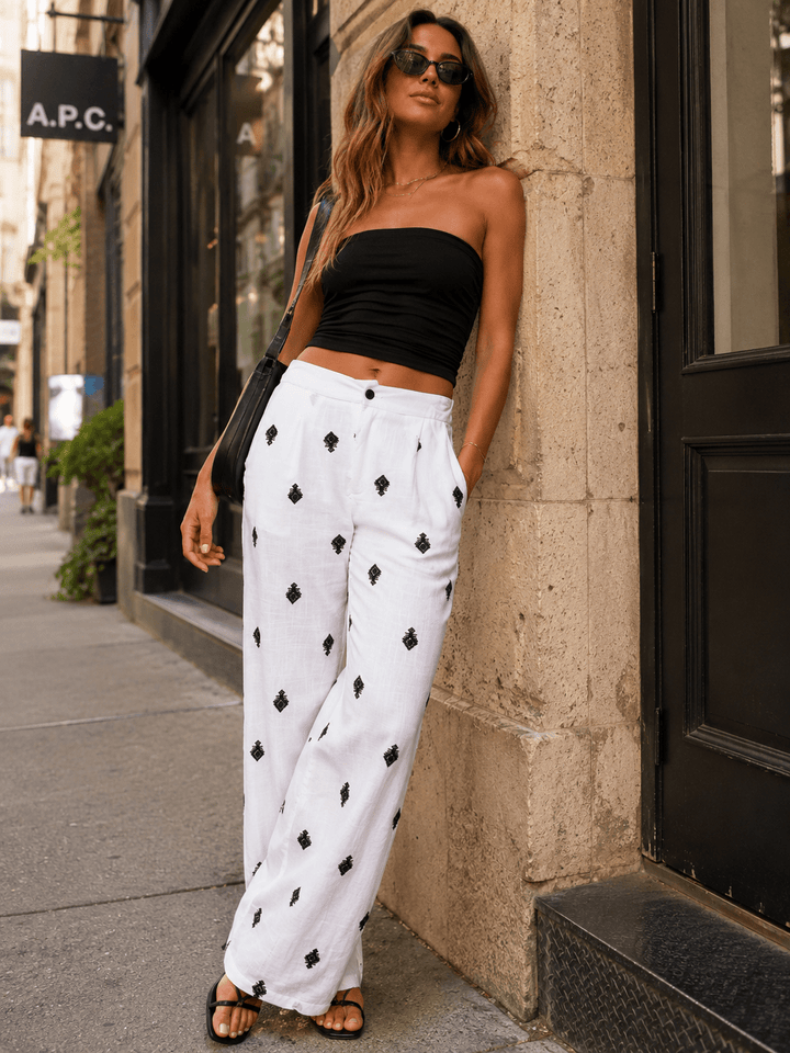 WOMEN'S ELASTIC WAIST BUTTON CLOSURE FRONT POCKETS WIDE LEG EMBROIDERY PANTS