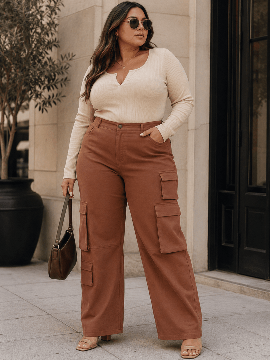 PLUS SIZE BUTTON CLOSURE CARGO POCKETS STRAIGHT LEG PANTS