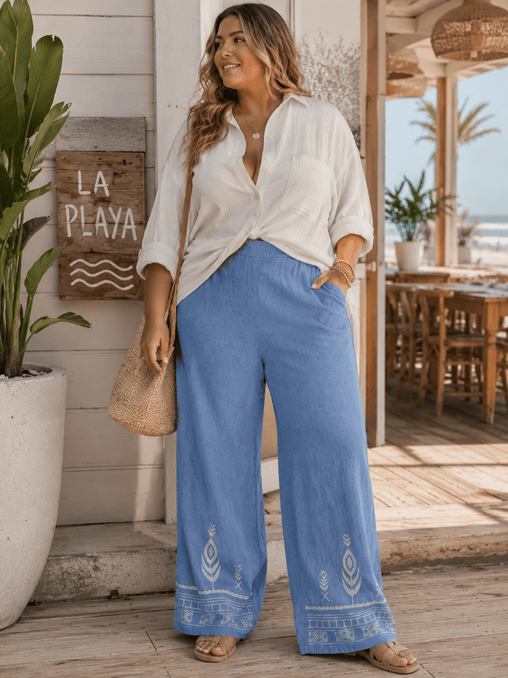 PLUS SIZE ELASTIC WAIST FRONT POCKETS EMBROIDERY WIDE LEG PANTS