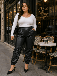 PLUS SIZE ELASTIC WAIST FRONT POCKETS JOGGER LEGS PU PLEATHER PANTS