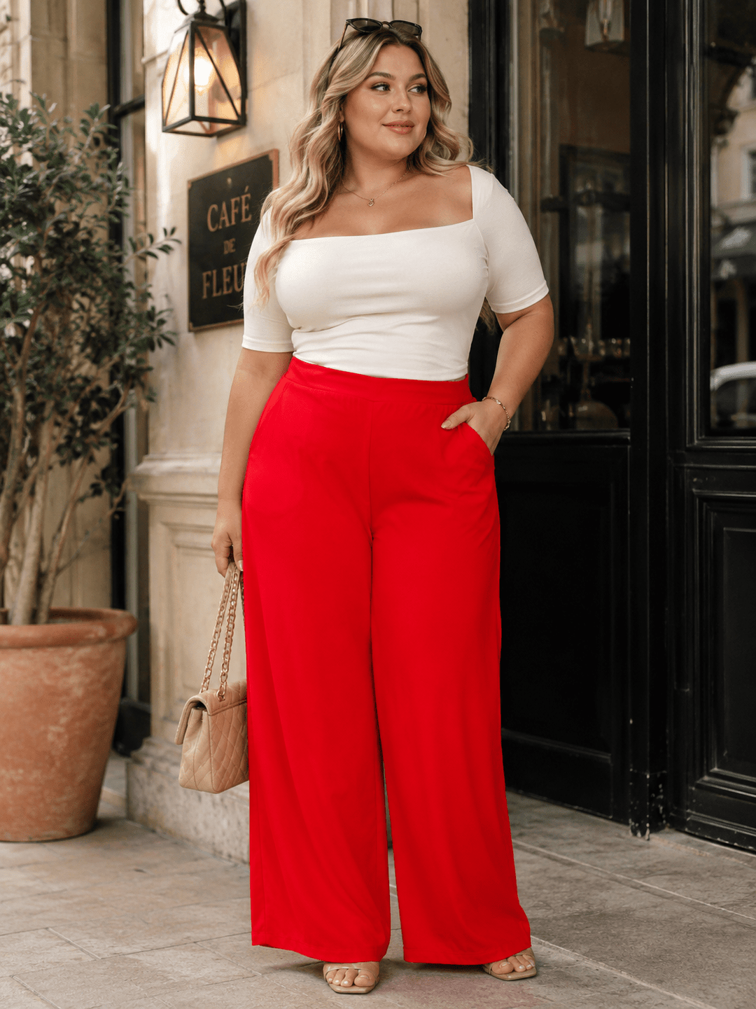 PLUS SIZE ELASTIC WAIST FRONT POCKETS WIDE LEG PANTS