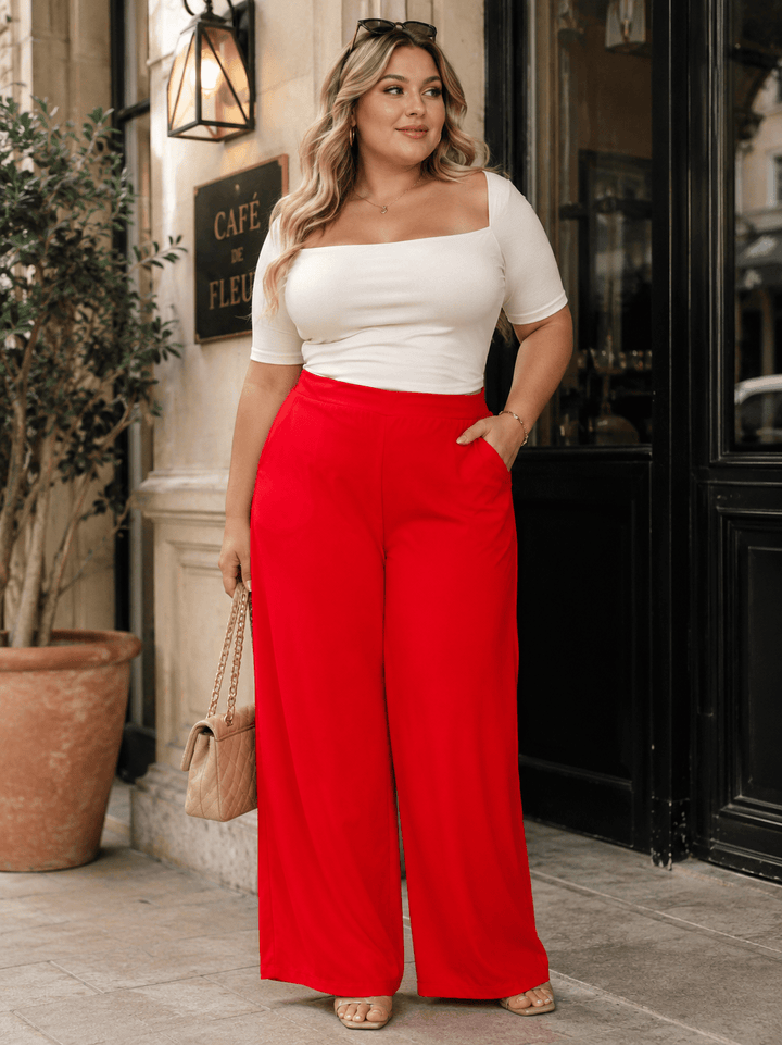PLUS SIZE ELASTIC WAIST FRONT POCKETS WIDE LEG PANTS