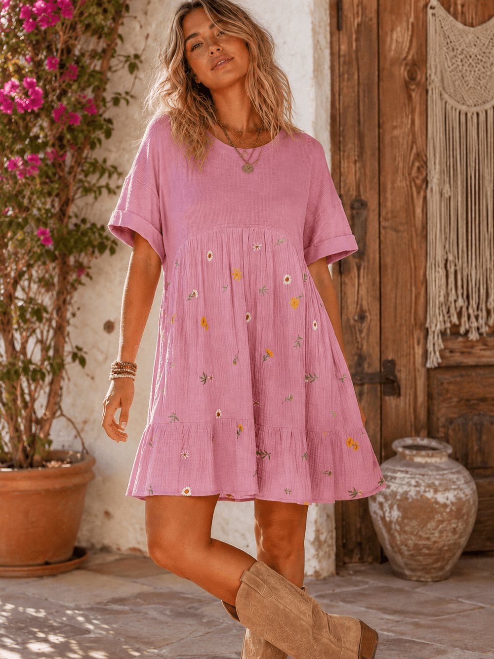 WOMEN'S SHORT SLEEVE FLORAL EMBROIDERY LOOSE FIT MINI DRESS