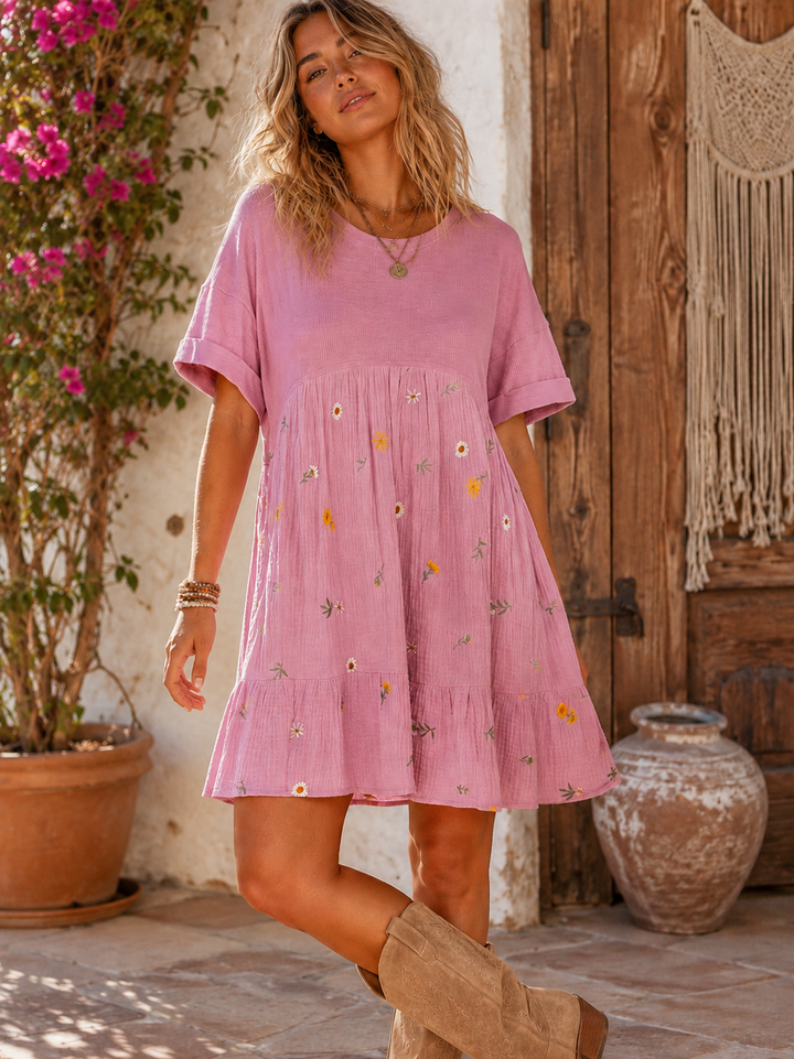 WOMEN'S SHORT SLEEVE FLORAL EMBROIDERY LOOSE FIT MINI DRESS