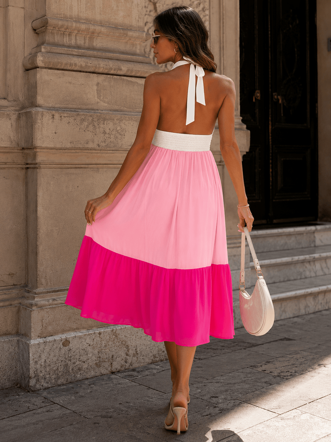 WOMEN'S SLEEVELESS HALTER NECK OPEN BACK TIERED COLORBLOCK MIDI DRESS