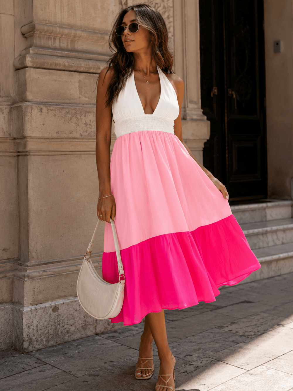 WOMEN'S SLEEVELESS HALTER NECK OPEN BACK TIERED COLORBLOCK MIDI DRESS