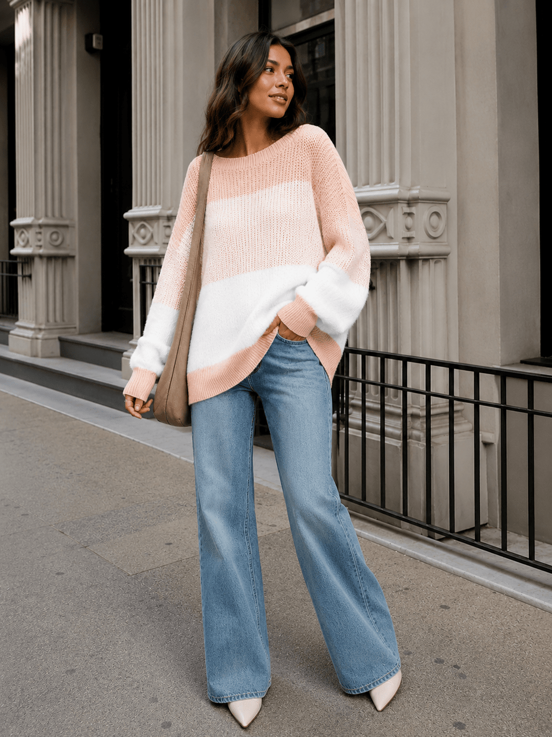 WOMEN'S LONG DETAILED SLEEVE COLORBLOCK KNIT PULLOVER SWEATER