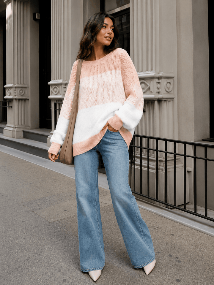 WOMEN'S LONG DETAILED SLEEVE COLORBLOCK KNIT PULLOVER SWEATER