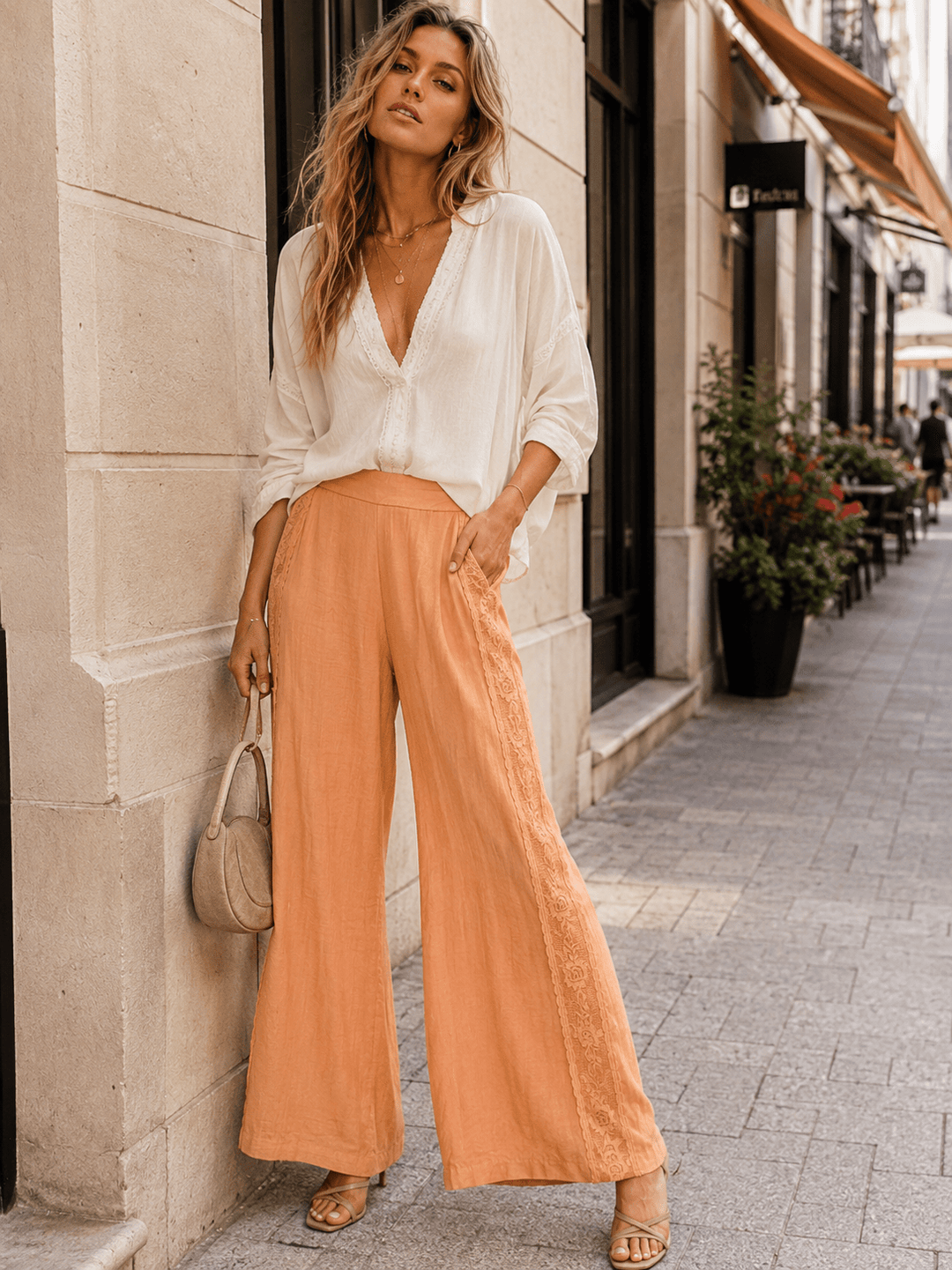 WOMEN'S ELASTIC WAIST FRONT POCKETS WIDE LEG CROCHET TRIM PANTS