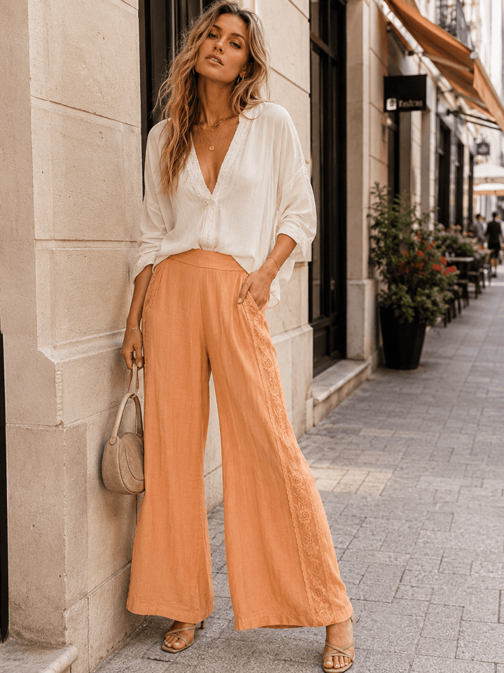 WOMEN'S ELASTIC WAIST FRONT POCKETS WIDE LEG CROCHET TRIM PANTS