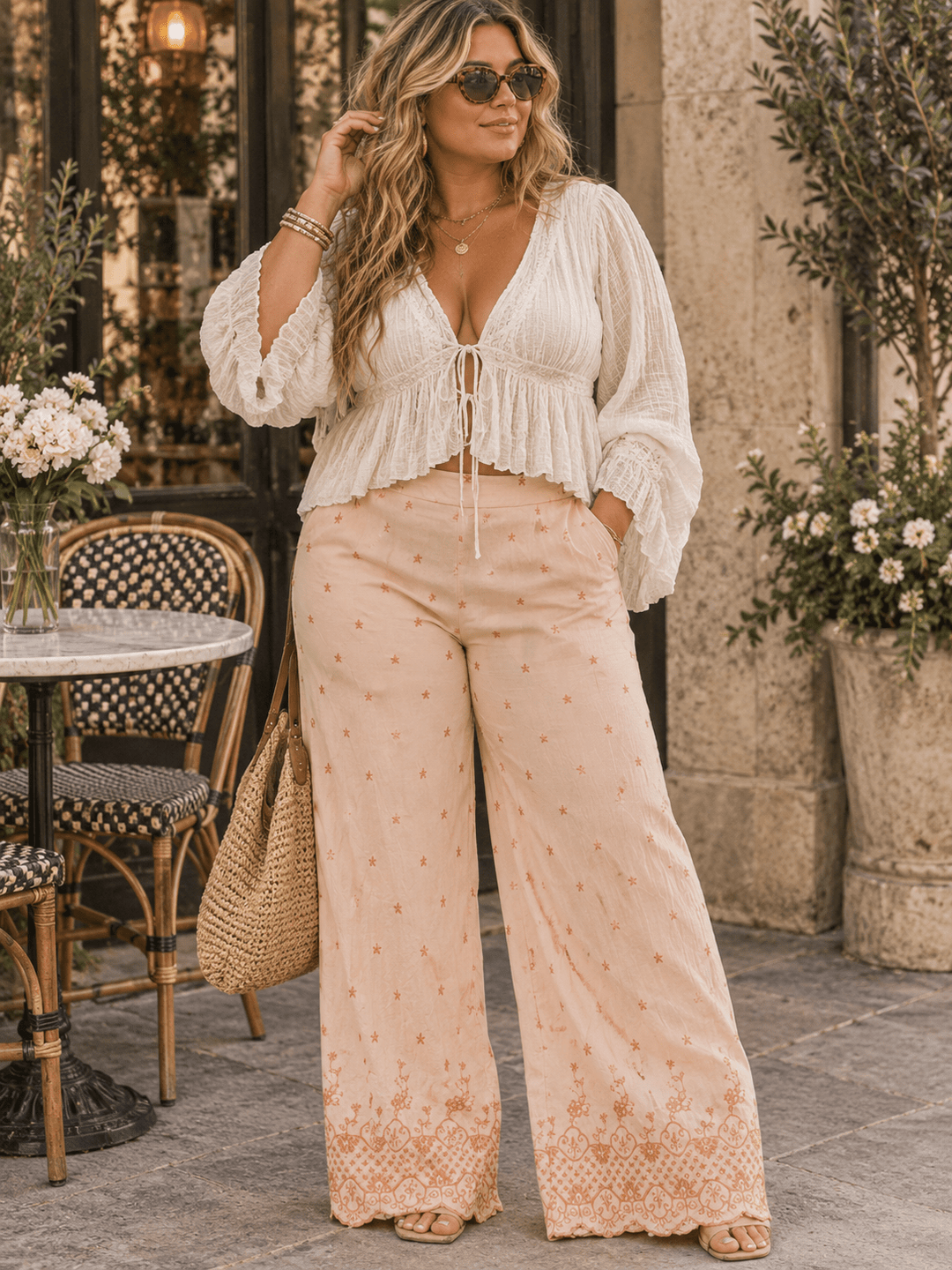 PLUS SIZE ELASTIC WAIST FRONT POCKETS EMBROIDERY WIDE LEG PANTS