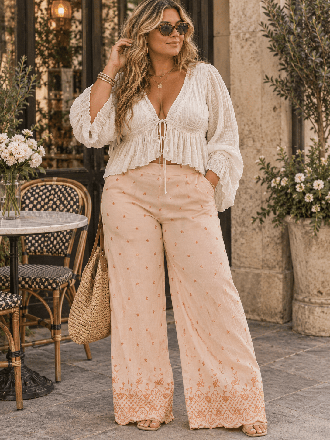 PLUS SIZE ELASTIC WAIST FRONT POCKETS EMBROIDERY WIDE LEG PANTS