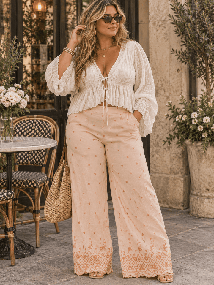 PLUS SIZE ELASTIC WAIST FRONT POCKETS EMBROIDERY WIDE LEG PANTS