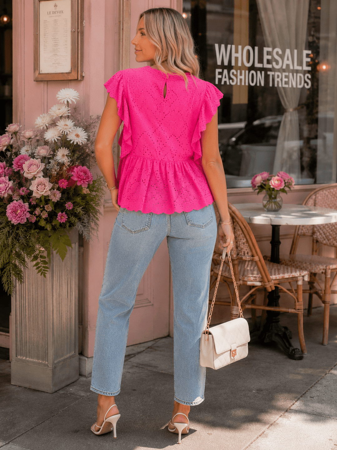 WOMEN'S RUFFLE SLEEVE TIERED EYELET TOP